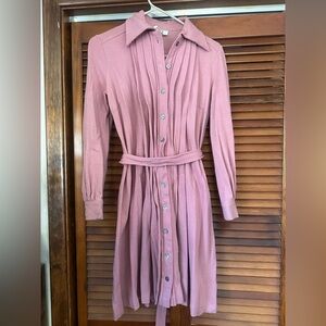 Vintage 100% Wool Chic Mauve Button-Up Long Sleeve Dress